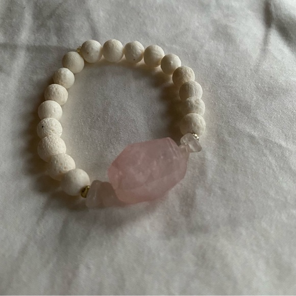 Handmade White Lava and Rose Quartz Crystal Beaded Bracelet Stretchy Wrist - Picture 1 of 5